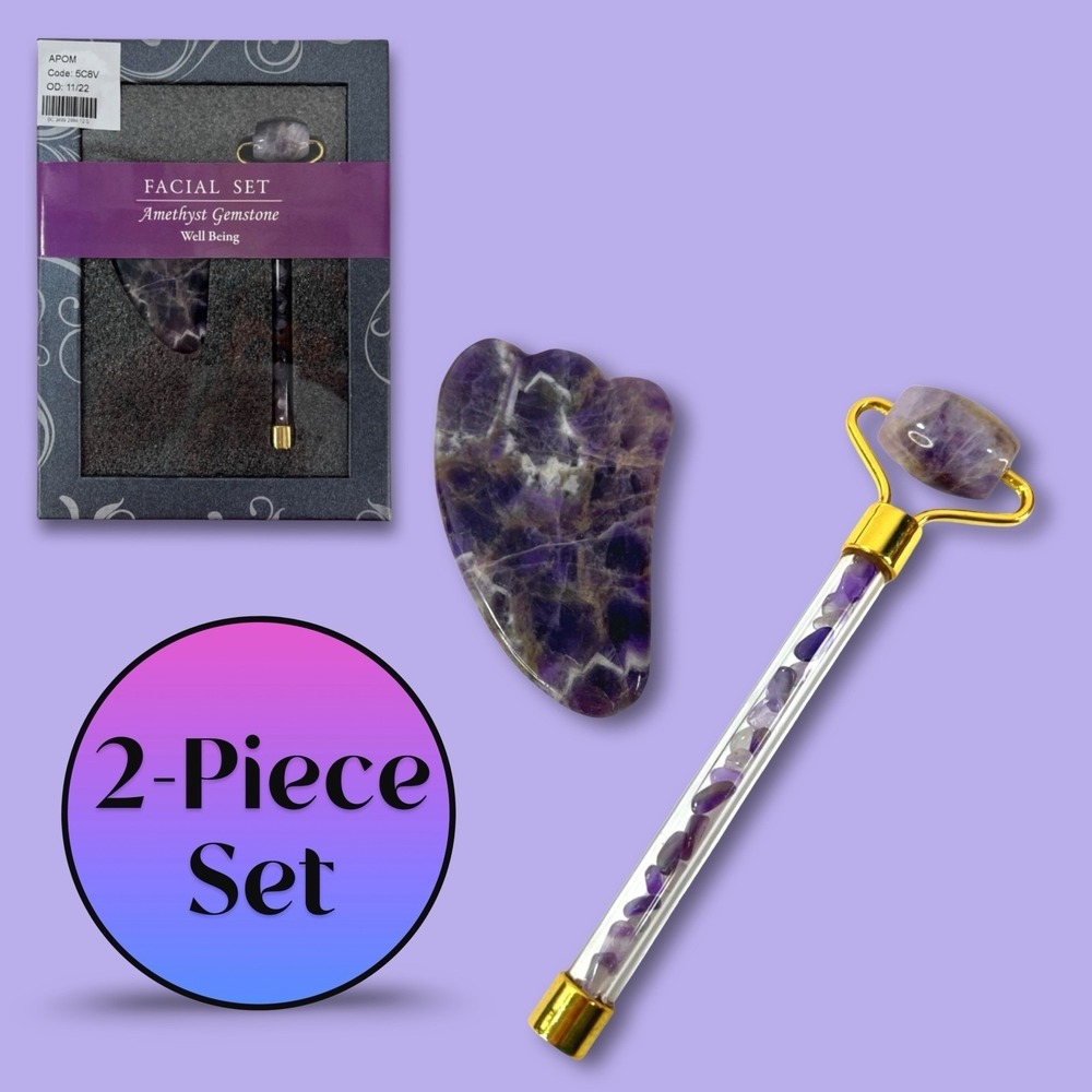 Genuine Natural Amethyst Gemstone Gua Sha Set Facial Roller & Scraper Massager